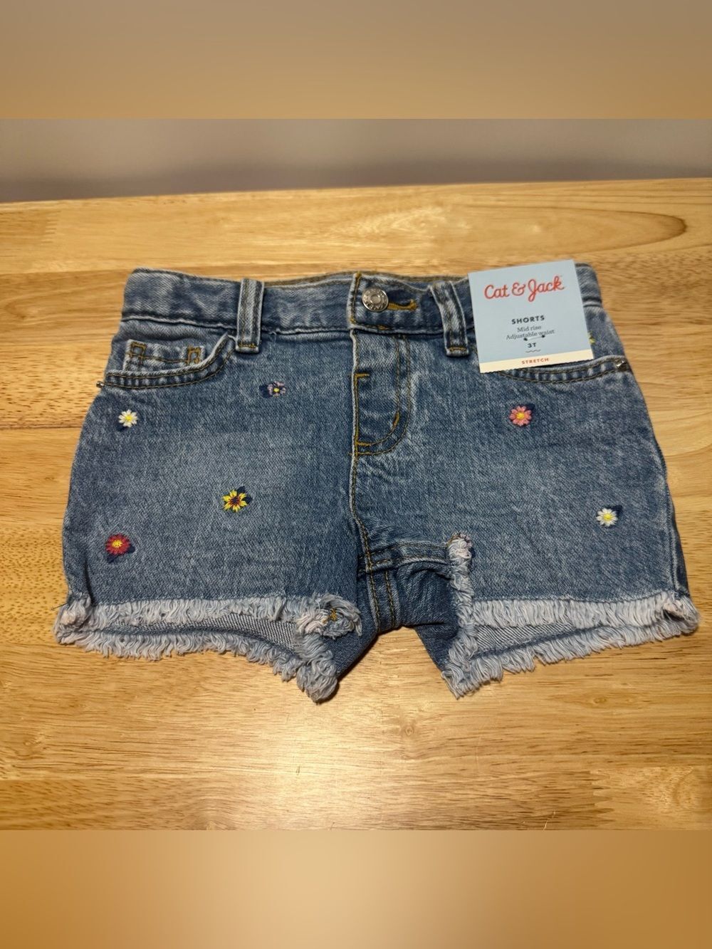 Cat & Jack Floral Toddler Girl 3T Denim Shorts Raw Hem Blue Embroidered Stretch